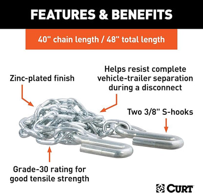 CURT 80010 48-Inch Trailer Safety Chain with 38-In S-Hooks, 2,000 lbs Break Strength