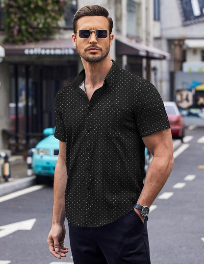 COOFANDY Mens Short Sleeve Button Down Shirts Wrinkle Free Dress Shirts Casual Polka Dot Print Shirt with Pocket.