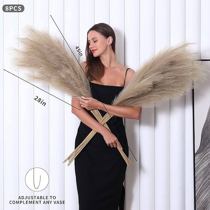 8 Pcs 45 inch Tall Faux Pampas Grass Decor, Large Artificial Brown Pompous Grass Bulk, Long Fake Pompas for Floor Vase Filler, Wedding, Baby Shower, Home and Boho Decor (Brown)