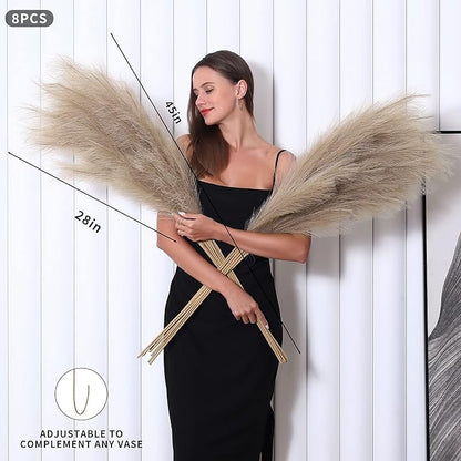 8 Pcs 45 inch Tall Faux Pampas Grass Decor, Large Artificial Brown Pompous Grass Bulk, Long Fake Pompas for Floor Vase Filler, Wedding, Baby Shower, Home and Boho Decor (Brown)