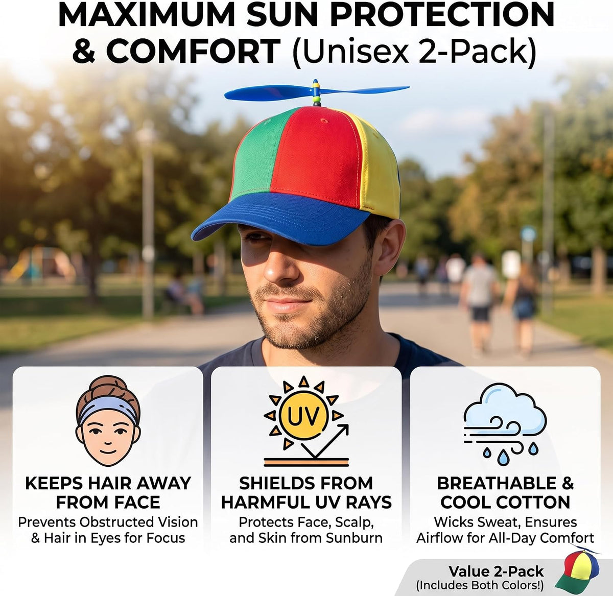 2Pack Adult Baseball Cap, Detachable Rainbow Propeller Hat, Sun Visor Helicopter Top Hat,with 4 Replaceable Bamboo Dragonflies