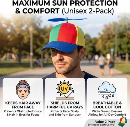 2Pack Adult Baseball Cap, Detachable Rainbow Propeller Hat, Sun Visor Helicopter Top Hat,with 4 Replaceable Bamboo Dragonflies