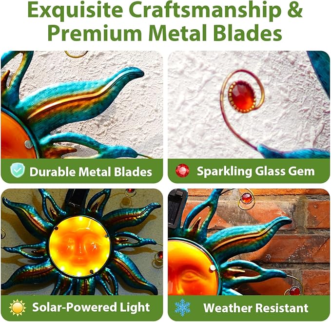 18-Inch Solar Sun Face Metal Wall Art with LED Lights, Blue