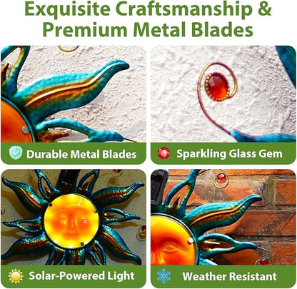 18-Inch Solar Sun Face Metal Wall Art with LED Lights, Blue