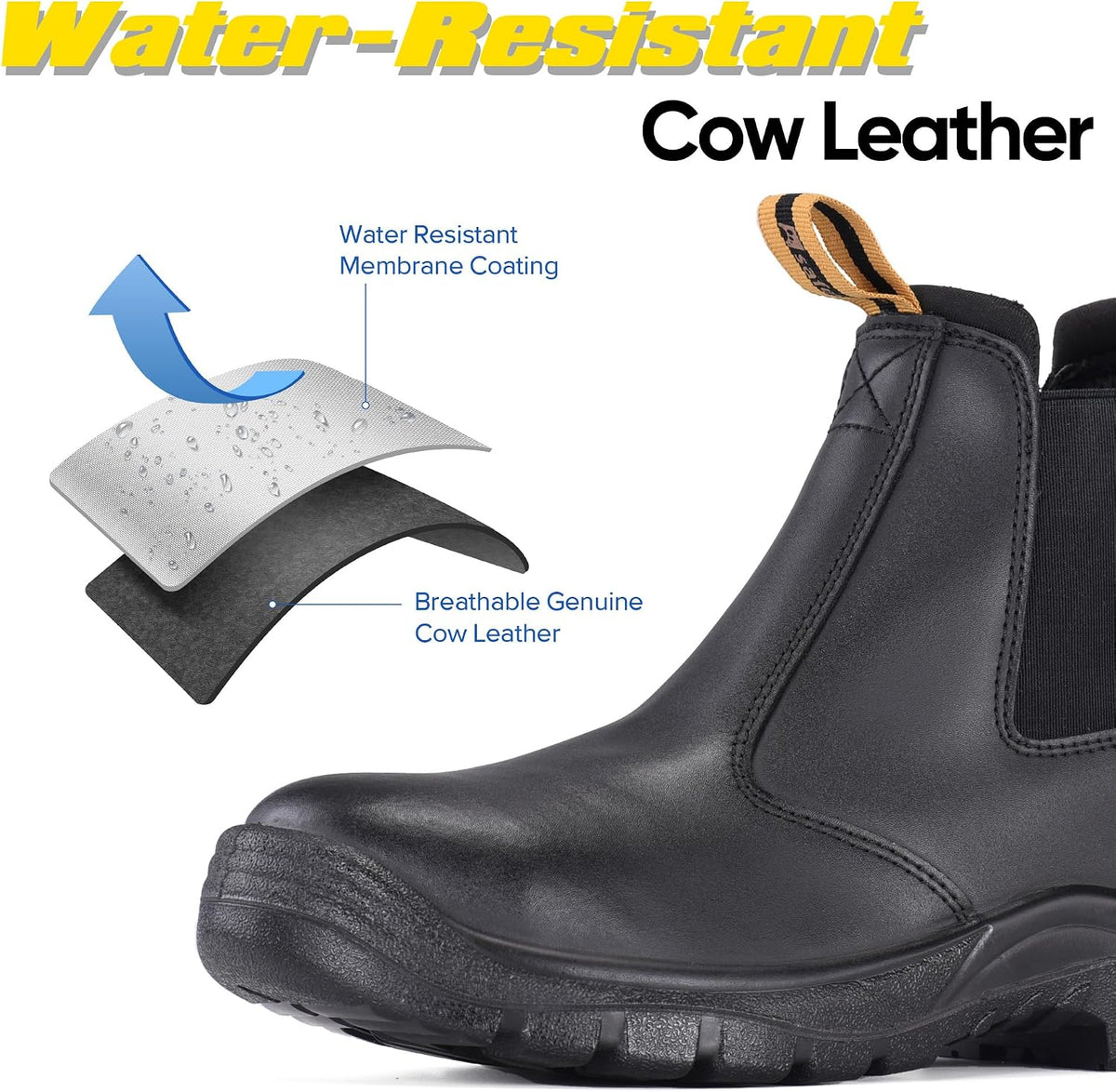 Size 13 Mens Work Boots Steel Toe Chelsea Safety Boots Cow Leather Waterproof Lightweight Working Shoes