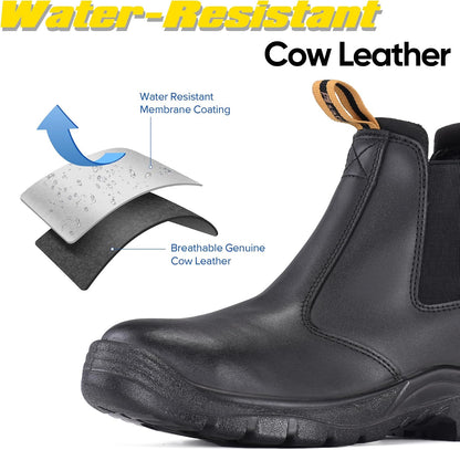 Size 13 Mens Work Boots Steel Toe Chelsea Safety Boots Cow Leather Waterproof Lightweight Working Shoes