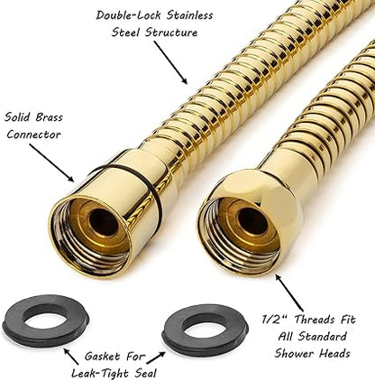 Universal 60 Inch Flexible Shower Hose - Extra Long, Stainless Steel, Double-Buckle For Handheld Showerhead - Polished Brass