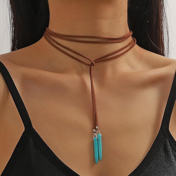 Boho Feather Turquoise Leather Choker Necklace for Women Bohemian Handmade Leaf Layered Black Brown Suede Cowgirl Cowboy Necklace for Western Style Country Party Trendy Jewelry Gifts (Long brown necklace)