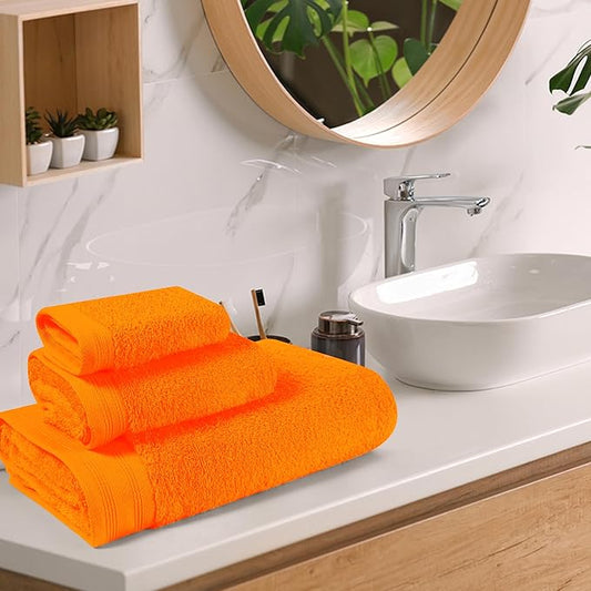 Ultra Soft 3 Pack Cotton Towel Set, Contains a Bath Towels 28x55 inch, a Hand Towels 16x24 inch  a Wash Coths 12x12 inch, Ideal Everyday use, Compact  Lightweight - Orange
