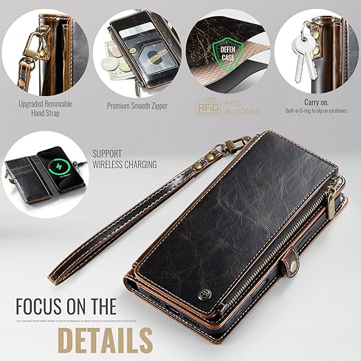 Defencase Compatible with iPhone 15 Case Wallet with RFID Blocking Card Holder for Women and Men, Fashion PU Leather Magnetic Snap Flip Zipper Strap Wallet Phone Case Fit for iPhone 15 6.1", Coffee