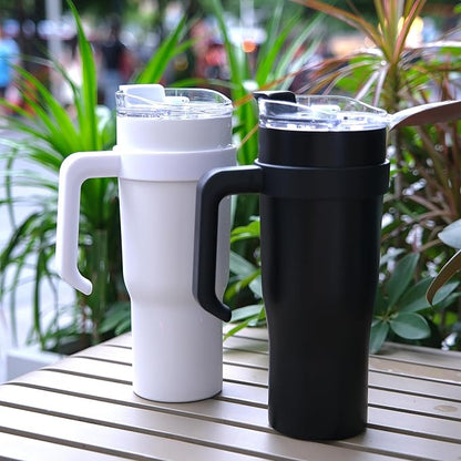 40oz Tumbler with Handle and Straw Lid, Vacuum Insulated Water Bottle for Home, Office or Car, Double Wall Vacuum Leak Proof Ice Coffee Thermal Cup (Black-005)