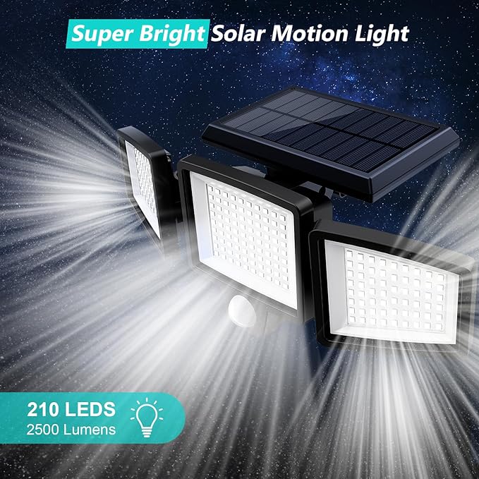 Tuffenough Solar Outdoor Lights 2500LM 210 LED Security Lights with Remote Control,3 Heads Motion Sensor Lights, IP65 Waterproof,270° Wide Angle Flood Wall Lights with 3 Modes(3 Packs