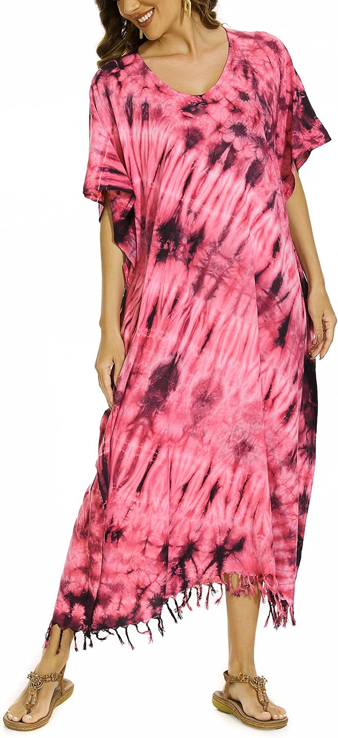 Beautybatik Women Hippie Tie Dye Caftan Kaftan Loungewear Maxi Plus Size Long Dress XL to 4X