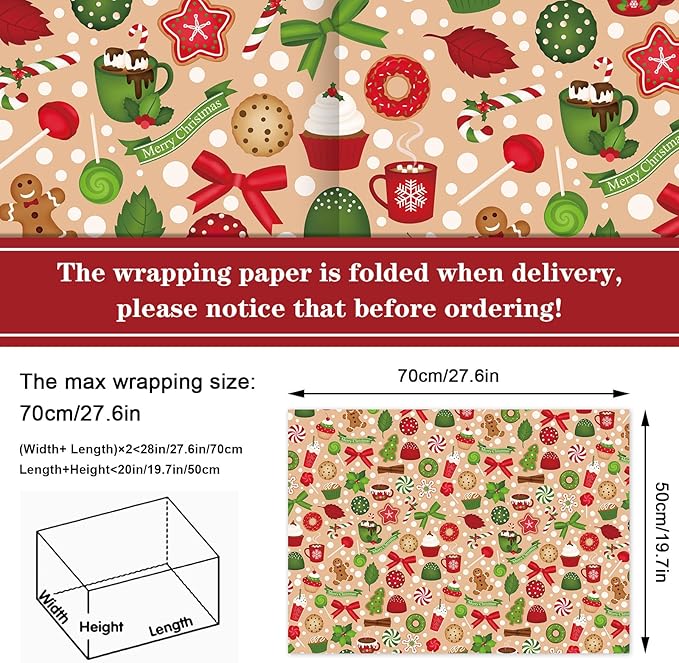 Generic AnyDesign 12 Sheets Christmas Wrapping Paper - Not Roll - Gingerbread Man Candy Canes Gift Wrap Paper Folded Flat Xmas DIY Art Craft Paper for Birthday Holiday Party, 19.7 x 27.6 Inch