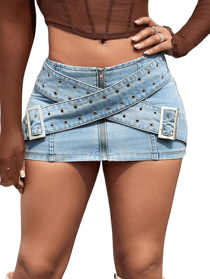 MakeMeChic Women's Denim Mini Skirt Criss Cross Bodycon Street Cowgirl Cargo Jean Skirts