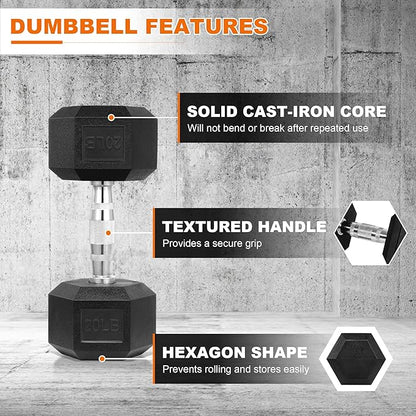 Hex Dumbbells Rubber Coated Hand Weights for Exercises and Fitness, Multiple Sizes