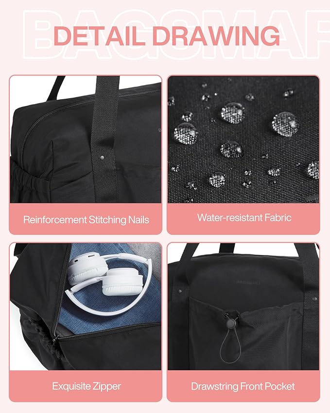 BAGSMART Foldable Travel Duffle Bag For Women, Gym Tote Bag for Sports, 26L Airport Carry On Weekender Overnight Bag for Travel, Travel Accessories(Black)