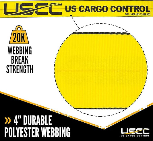 US Cargo Control 4 Inch Flat Hook Ratchet Strap, 4 Inch x 30 Foot, Yellow Heavy Duty Ratchet Straps with Black Flat Hooks, 5,400 lbs. Working Load Limit, Tie Down Straps for Flatbed Trailer