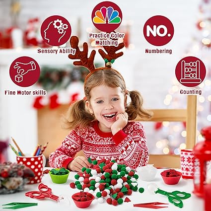 EZdhuawuse Christmas Fine Motor Toys - 270Pcs Winter Counting Sorting Sensory Bin Filler Set for Kids Xmas Counting Toy with Felt Christmas Tree Pom Poms Cup Clip for Preschool Education Activities