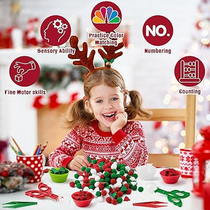 EZdhuawuse Christmas Fine Motor Toys - 270Pcs Winter Counting Sorting Sensory Bin Filler Set for Kids Xmas Counting Toy with Felt Christmas Tree Pom Poms Cup Clip for Preschool Education Activities