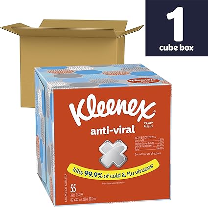 Kleenex Anti-Viral Facial Tissue, 3-Ply, 1 cube box, 55 Sheets (Pack of 1)