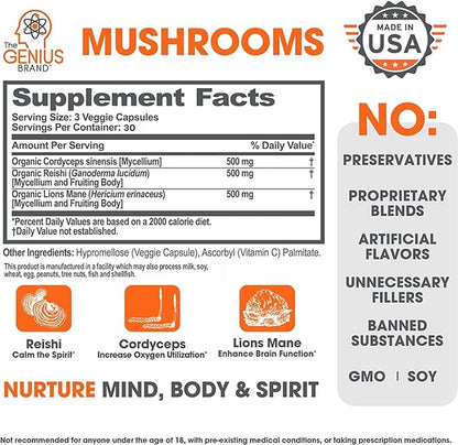 Genius Mushroom Supplement - Full-Spectrum Lions Mane, Cordyceps, Reishi -Daily Brain Nootropic for Energy, Focus, Memory  Overall Wellness - 90 Capsules  Organic for Mental Clarity  Performance