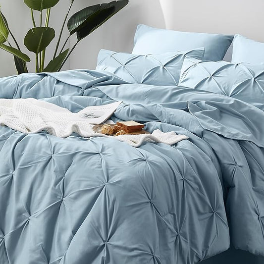 Bedsure King Size Comforter Set Light Blue - Bed in a Bag King Size 7 Pieces, GentleSoftTM Pintuck Bed Set Gift for Family, Pinch Pleat Light Blue Comforter with Sheets, Pillowcases  Shams