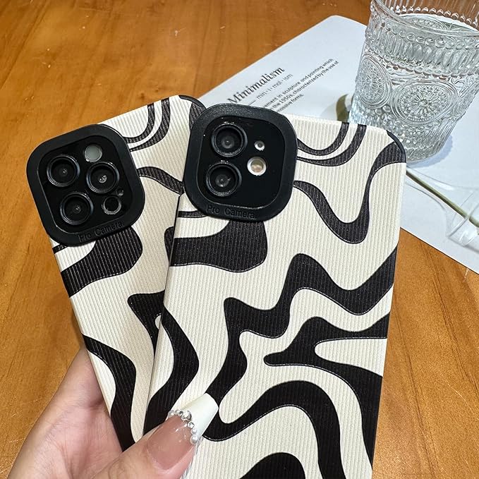 Designed for iPhone 12 Phone Case, Soft PU Leather TPU and Cute Art Wavy Painted for Women Girls, Slim Protective Shockproof Compatible with iPhone 12 (Beige)