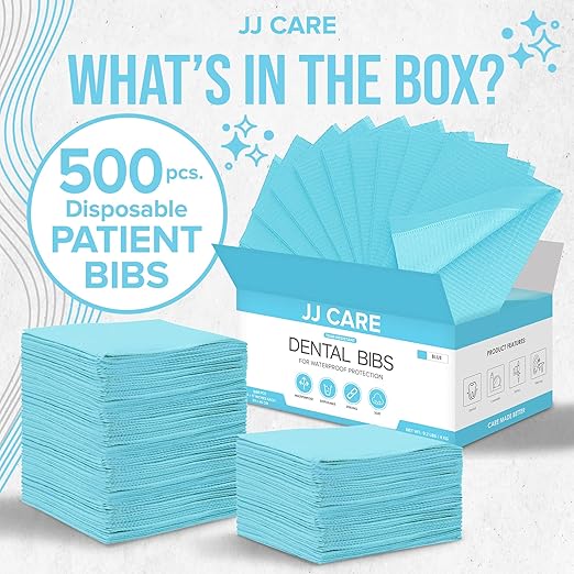 JJ CARE Dental Bibs Pack of 500 - 13" x 18" Blue Dental Bibs, 3 Ply Waterproof Dentist Bibs, Dental Bibs Disposable for Eyelash Extension, Patient Bibs for Nail Art, Dental Napkins for Piercing