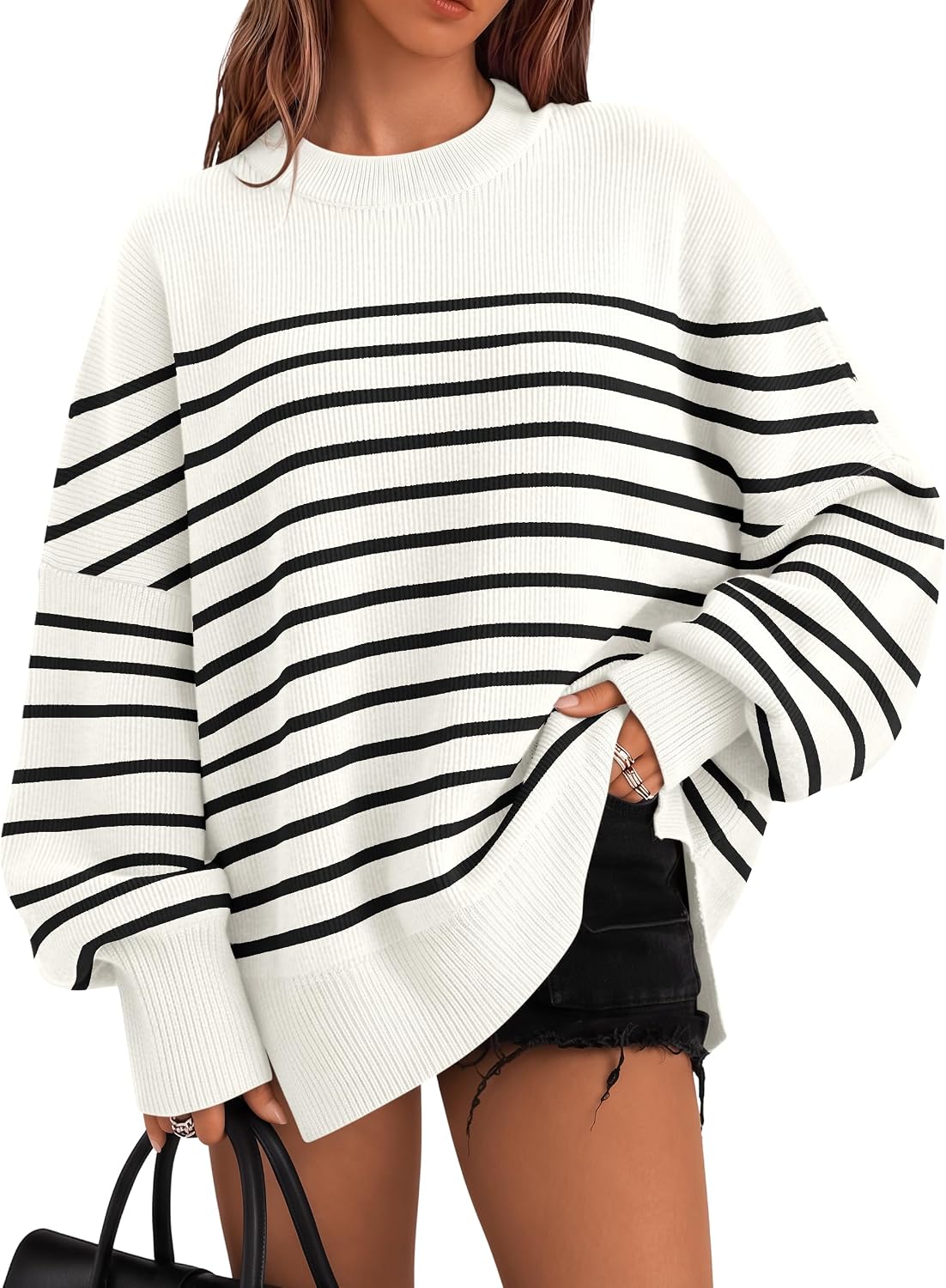 Women's Oversized Batwing Sweaters 2026 Fall Outfits Trendy Crewneck Knit Side Slit Fashion Pullover Tops