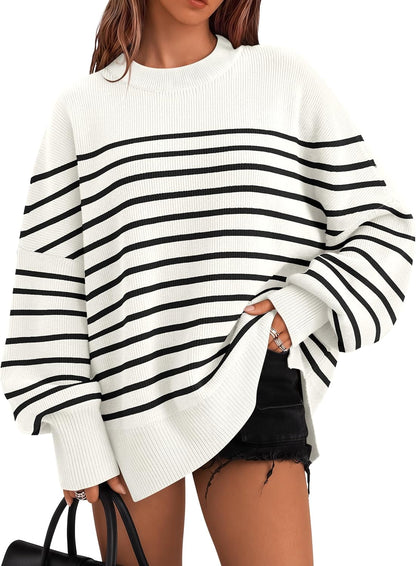 Women's Oversized Batwing Sweaters 2026 Fall Outfits Trendy Crewneck Knit Side Slit Fashion Pullover Tops