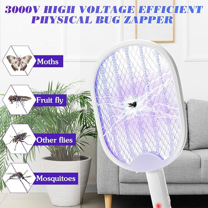 Qualirey Pack of 2 3 in 1 electric fly swatters, foldable, 3000 V, hand mosquito killer with USB rechargeable base, fly swatter and mosquito trap, indoor pendant lamp and