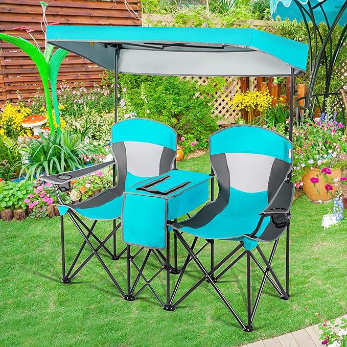 Goplus Double Beach Chair with Canopy Shade, Folding Lawn Camping Chairs with Sunshade  Mini Table Beverage Holder  Carrying Bag for Outdoor Travel Hiking Fishing Poolside