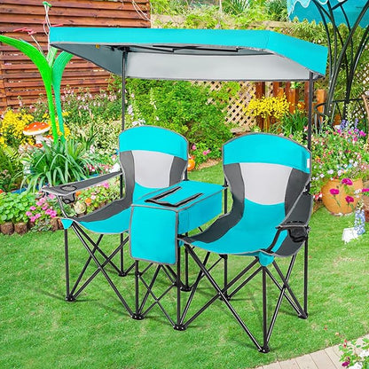 Goplus Double Beach Chair with Canopy Shade, Folding Lawn Camping Chairs with Sunshade  Mini Table Beverage Holder  Carrying Bag for Outdoor Travel Hiking Fishing Poolside