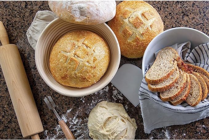 Kitchen Master Bread Proofing Basket Ai Round Willow 9 inch Banneton Brotform Baking Supplies for Beginners  Professional Bakers Ai Non-Stick Dough Proving Handmade Bowl with Linen Liner Covers