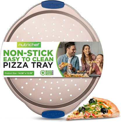 NutriChef 13-Inch Non-Stick Pizza Tray - with Silicone Handle, Round Steel Non-stick Pan with Perforated Holes, Premium Bakeware, Pizza Tray with Extended Handles, Dishwasher Safe - Champagne Gold