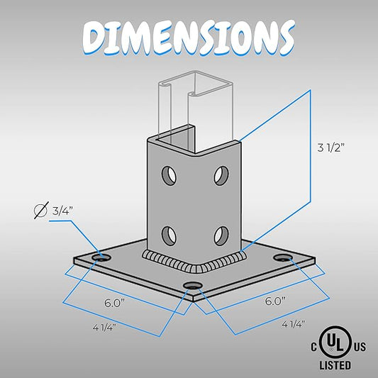 OHLECTRIC Strut Post Base Single Channel 1-58  Side Orientation  6x6 Inch  4 Mounting Holes  Heavy Duty Galvanized Zinc Plated Square for Single Channel Fence Post Base