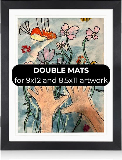 (1 Pack) Kids Artwork Frames Changeable 10x12.5 with Easel Stands, Hangers, Backboards, Shatterproof Plexiglass | 2 Mats Fit 9x12, 8.5x11, A4 Paper Sizes | Large and Easy-Access Kids Art Frame Display and Storage for up to 100 Sheets (Gold)