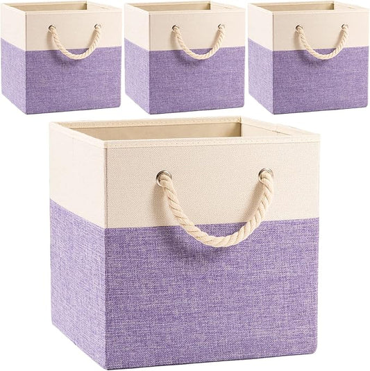 PRANDOM Large Foldable Cube Storage Bins 11x11 inch 4-Pack Fabric Linen Storage Baskets Cubes Drawer with Cotton Handles Organizer for Shelves Nursery Closet Bedroom Purple