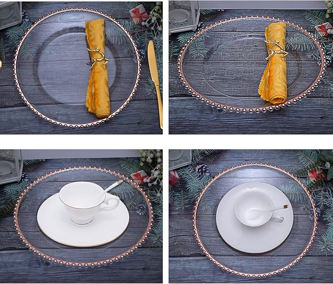 Rose Gold Bead Acrylic Charger Plates 13", Set 10PCS Acrylic Round Table Charger Plates Decoration Dinner,Wedding,Party,Event(Acrylic Round Rose Gold10)