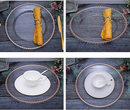 Rose Gold Bead Acrylic Charger Plates 13", Set 10PCS Acrylic Round Table Charger Plates Decoration Dinner,Wedding,Party,Event(Acrylic Round Rose Gold10)