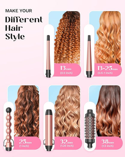 Wavytalk 5 in 1 Curling Wand Set, Multi Curl, Curling Wand Set with Curling Brush and 4 Interchangeable Ceramic Curling Wand(0.5-1.25), Instant Heat Up Wand Curling Iron (Rose Gold)
