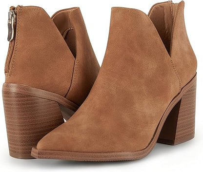 Kathemoi Womens Slip on Ankle Boots V Cutout Pointed Toe Chunky Stacked Mid Heel Booties