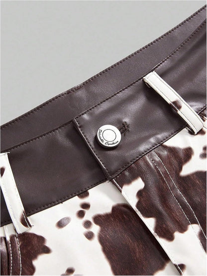 SHENHE Women's Cow Print PU Leather Micro Shorts Y2K Vintage Low Waist Casual Mini Shorts