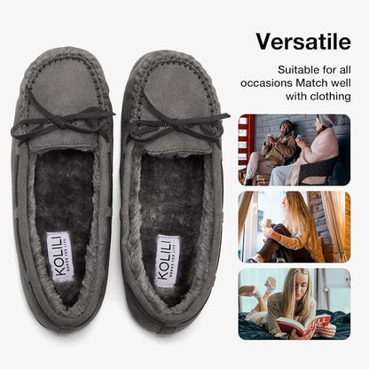 KOLILI Womens Faux Fur Moccasin Slippers, Indoor Outdoor Warm & Cozy House Shoes with Durable Rubber Sole