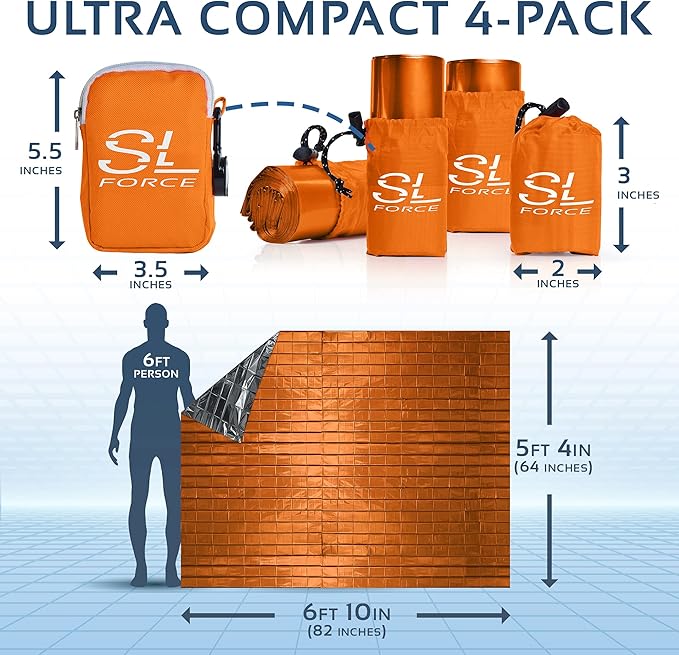 SLFORCE Emergency Blankets for Survival, 4 Pack of Gigantic Space Blanket. Comes with Four Extra-Large Mylar Blankets, Compass, and Zipper Bag. The Best Thermal Space Blankets (4, Orange, Extra Large)