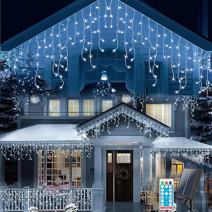 32.8ft 300LED Icicle String Lights Solar Hanging Light 8 Modes Waterproof Icicle Christmas Lights with Remote Decor Curtain Fairy Lights 60 Drops Hanging Decor Home,Party,Wedding (White)