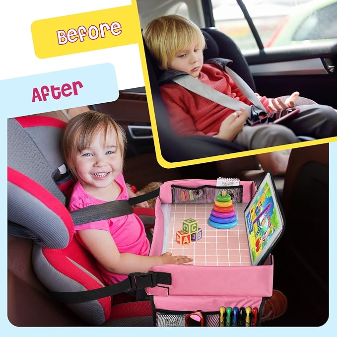 BUENAVO New Version Car Seat Organizer Kids Travel Tray for Kids Toddlers Activities in Car Seat, Stroller, Airplane  Waterproof Dry Erase Top  Side Pocket  Water Bottle Holder