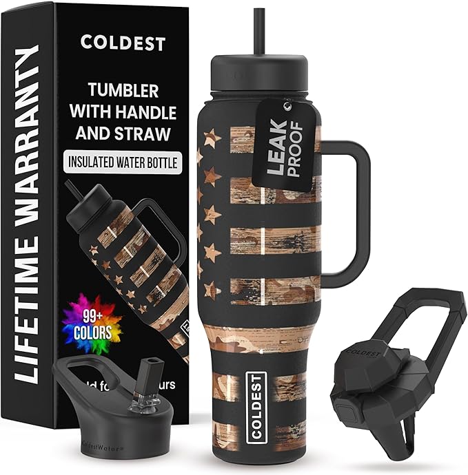 Coldest 40 oz Tumbler with Handle and Straw, 100% Leak Proof Insulated Tumbler with Lid and Straw (3 Lids), Stainless Steel Tumblers for Women & Men, Cup Holder Friendly, 46 oz (Camouflage Flag)