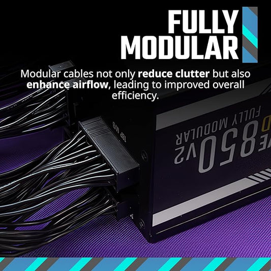 Cooler Master MWE Gold 850 V2 Full Modular, 850W, 80 Gold Efficiency, 2 EPS Connectors, 120mm HDB Fan, Semi-fanless Operation, 5 Year Warranty